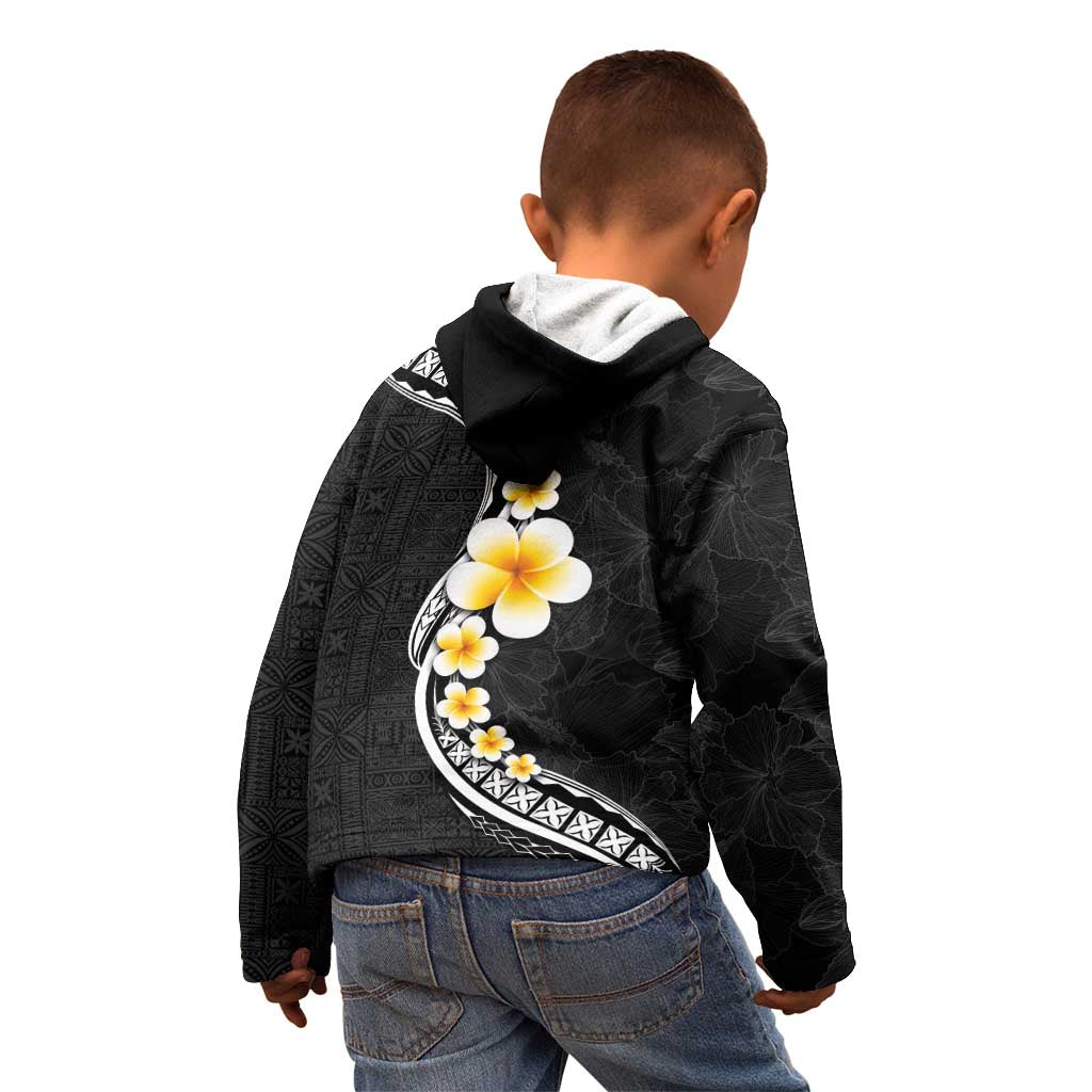 Pacific Hibiscus and Plumeria with Tapa Pattern Kid Hoodie Black Color