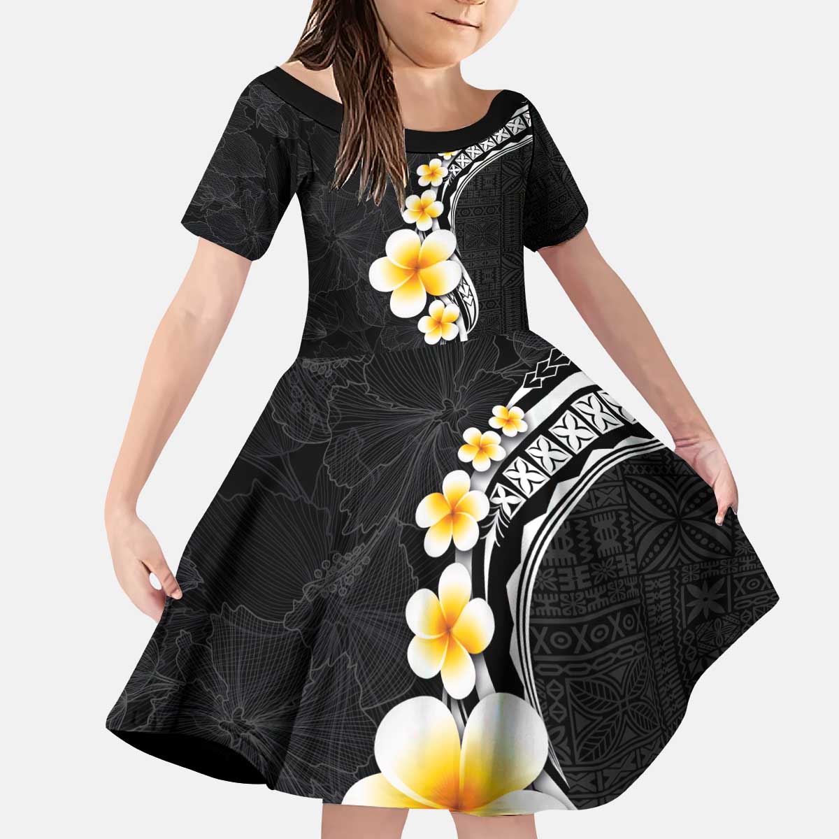 Pacific Hibiscus and Plumeria with Tapa Pattern Kid Short Sleeve Dress Black Color