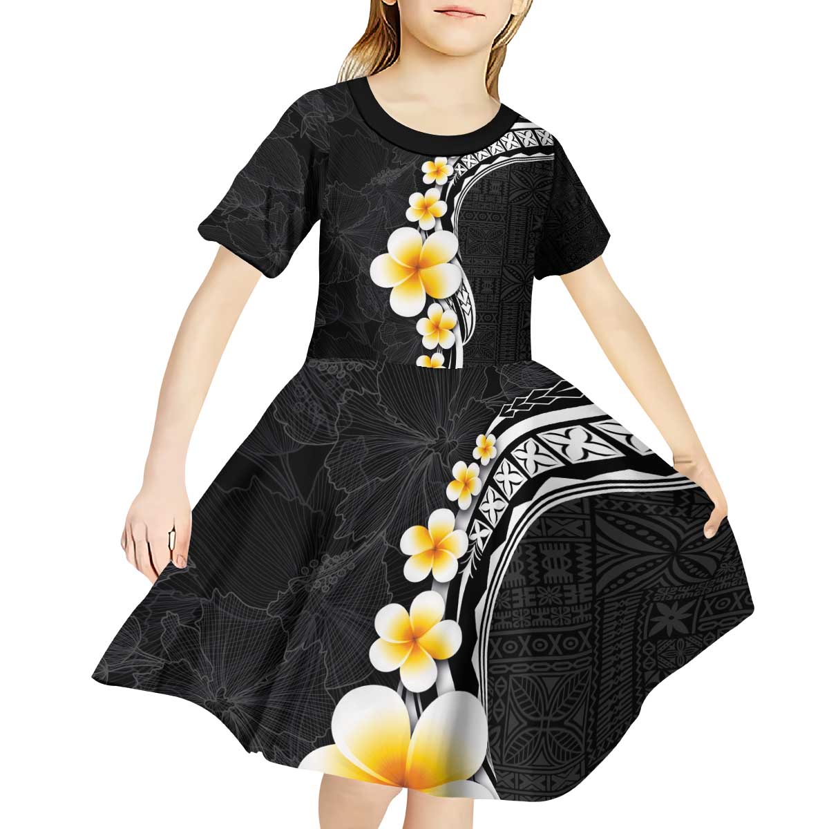 Pacific Hibiscus and Plumeria with Tapa Pattern Kid Short Sleeve Dress Black Color