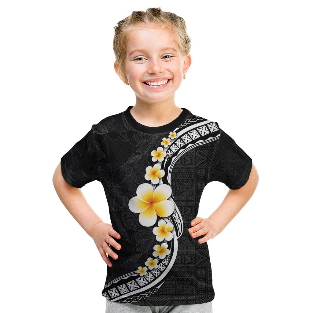 Pacific Hibiscus and Plumeria with Tapa Pattern Kid T Shirt Black Color
