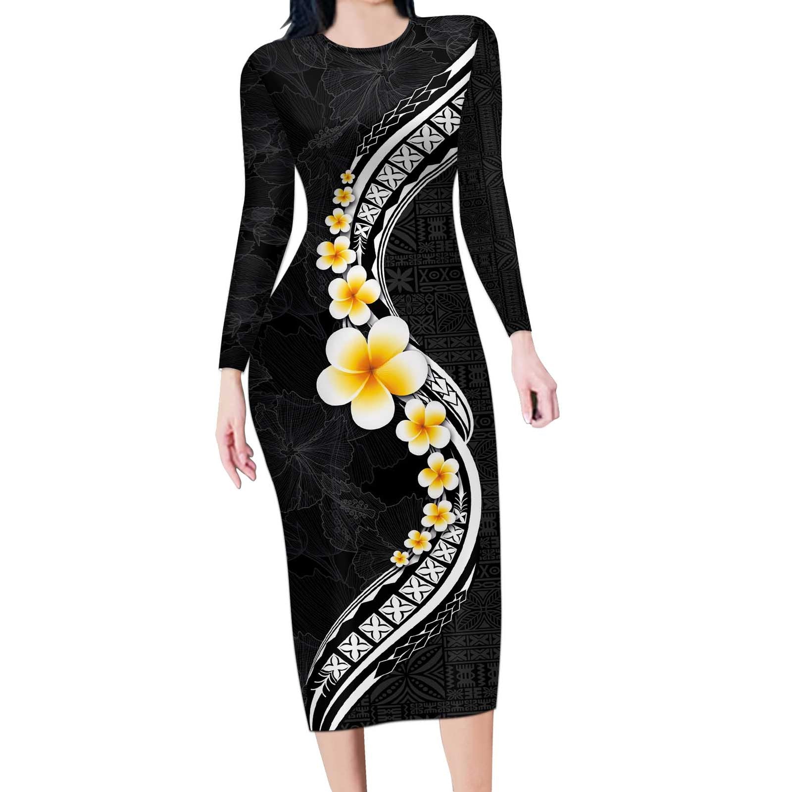 Pacific Hibiscus and Plumeria with Tapa Pattern Long Sleeve Bodycon Dress Black Color LT03 Long Dress Black - Polynesian Pride