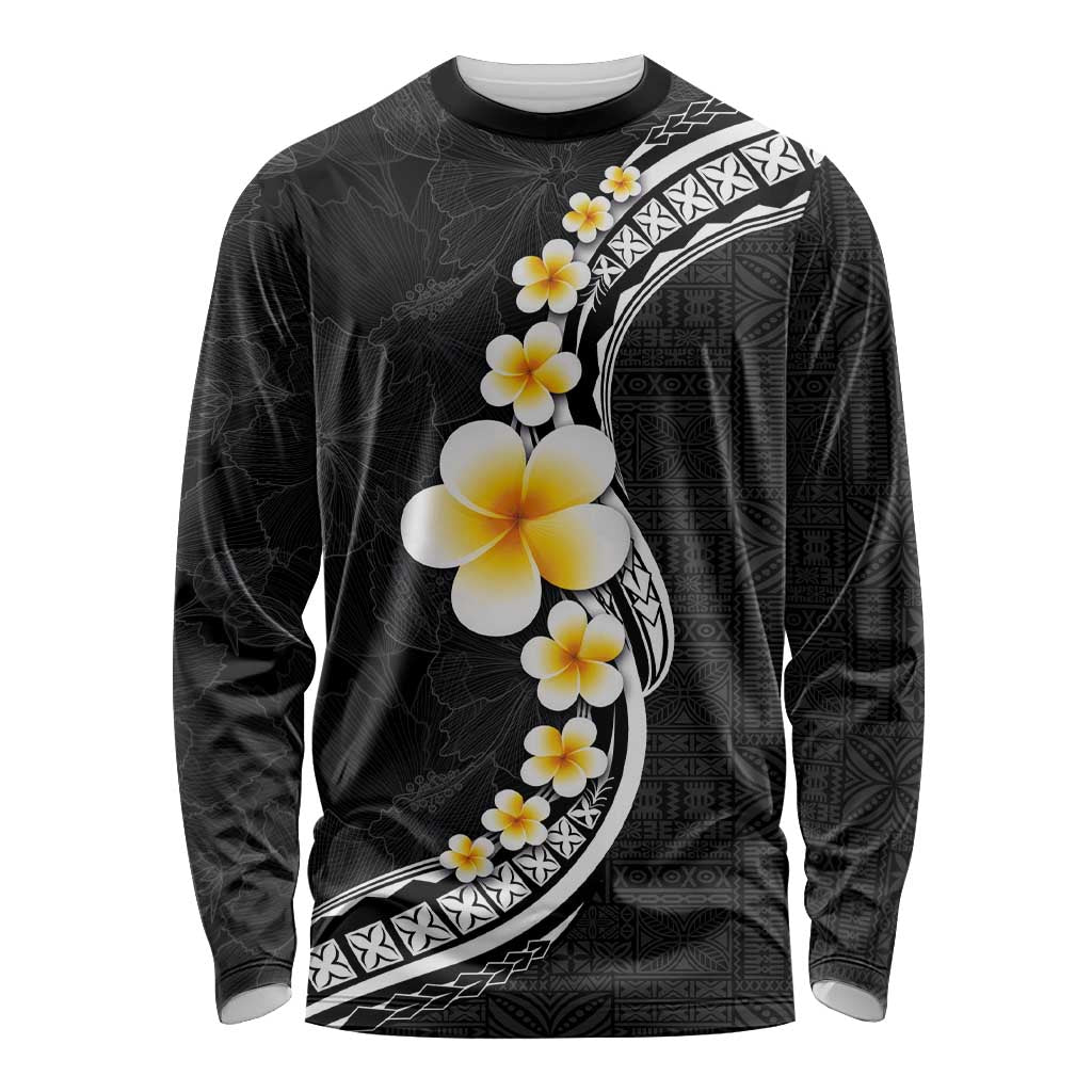 Pacific Hibiscus and Plumeria with Tapa Pattern Long Sleeve Shirt Black Color LT03 Unisex Black - Polynesian Pride
