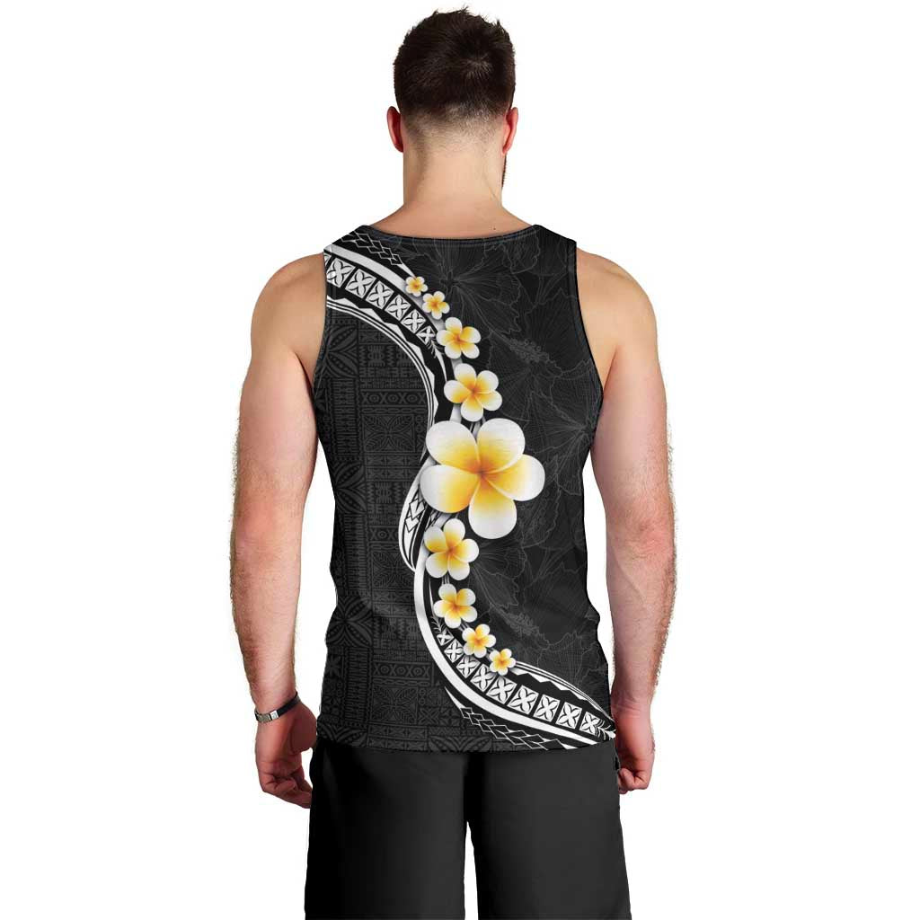 Pacific Hibiscus and Plumeria with Tapa Pattern Men Tank Top Black Color