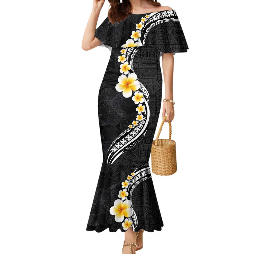 Pacific Hibiscus and Plumeria with Tapa Pattern Mermaid Dress Black Color LT03 Women Black - Polynesian Pride