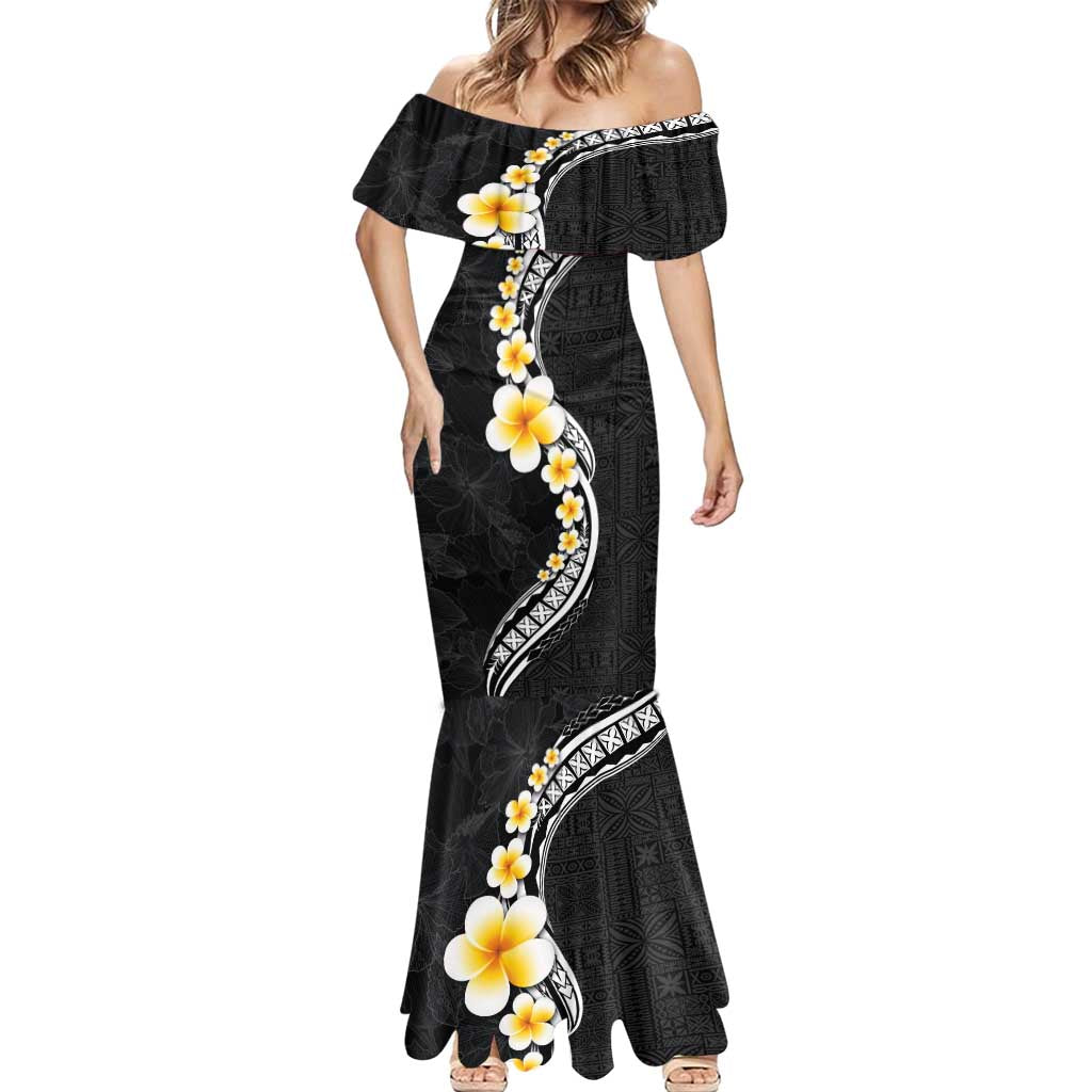 Pacific Hibiscus and Plumeria with Tapa Pattern Mermaid Dress Black Color
