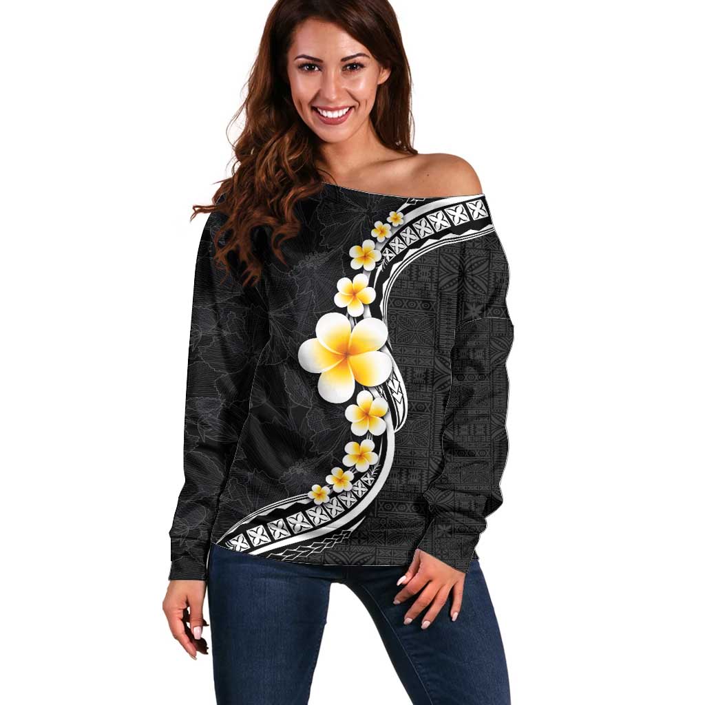 Pacific Hibiscus and Plumeria with Tapa Pattern Off Shoulder Sweater Black Color LT03 Women Black - Polynesian Pride