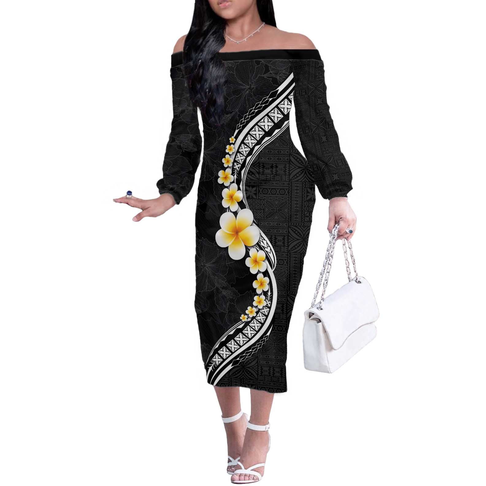 Pacific Hibiscus and Plumeria with Tapa Pattern Off The Shoulder Long Sleeve Dress Black Color LT03 Women Black - Polynesian Pride