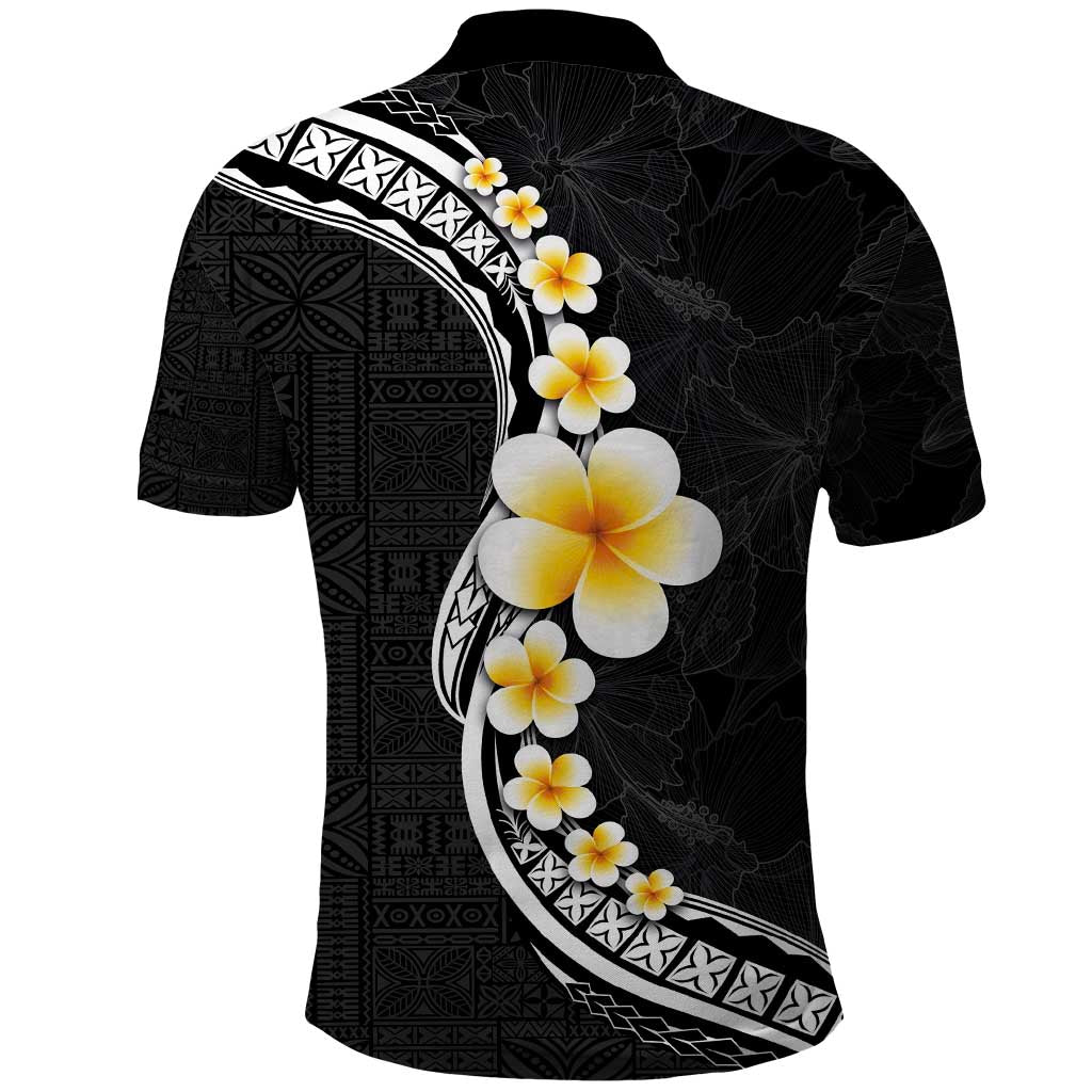 Pacific Hibiscus and Plumeria with Tapa Pattern Polo Shirt Black Color