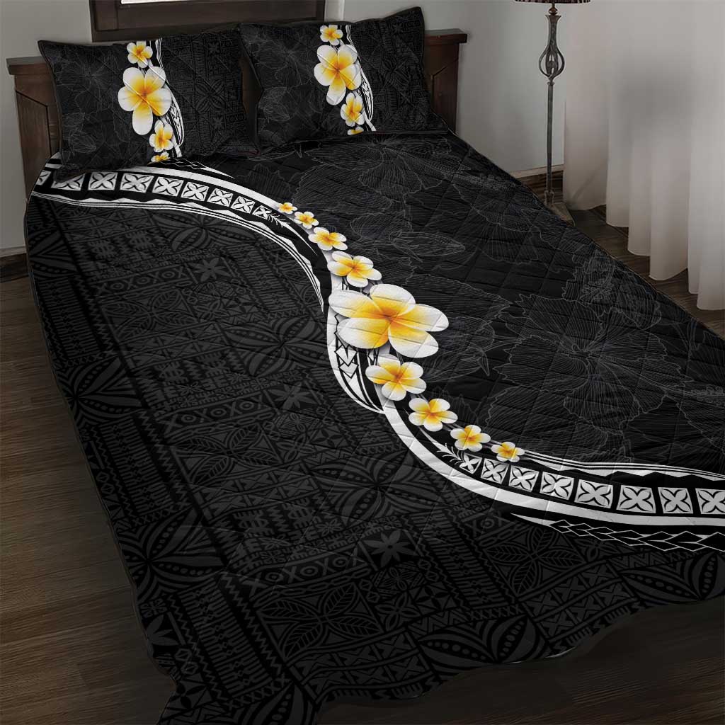 Pacific Hibiscus and Plumeria with Tapa Pattern Quilt Bed Set Black Color LT03 Black - Polynesian Pride