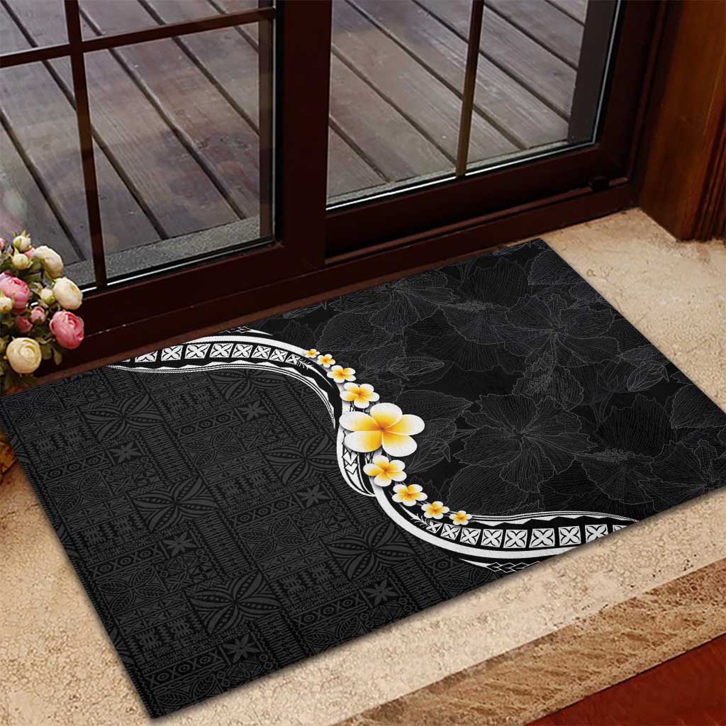 Pacific Hibiscus and Plumeria with Tapa Pattern Rubber Doormat Black Color LT03 - Polynesian Pride