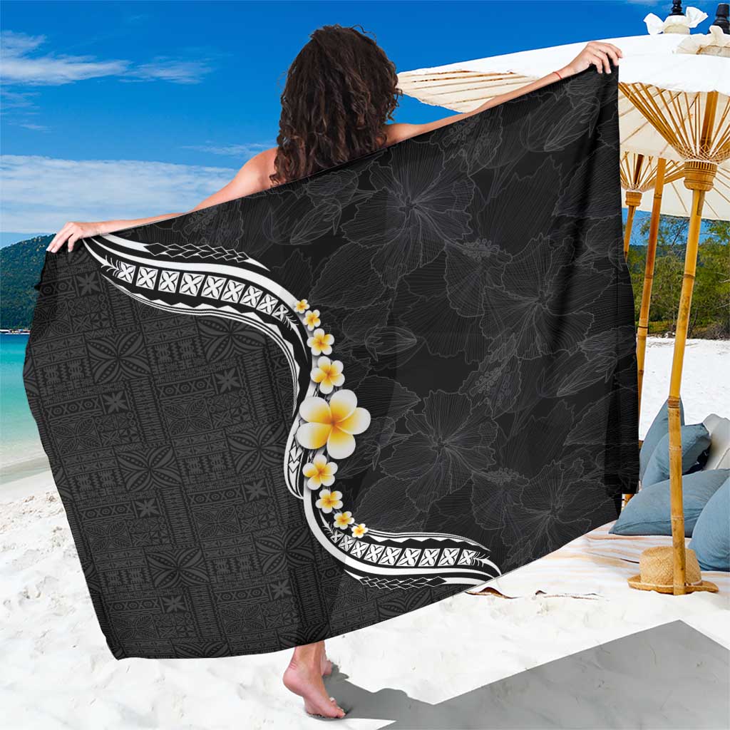 Pacific Hibiscus and Plumeria with Tapa Pattern Sarong Black Color LT03 One Size 44 x 66 inches Black - Polynesian Pride