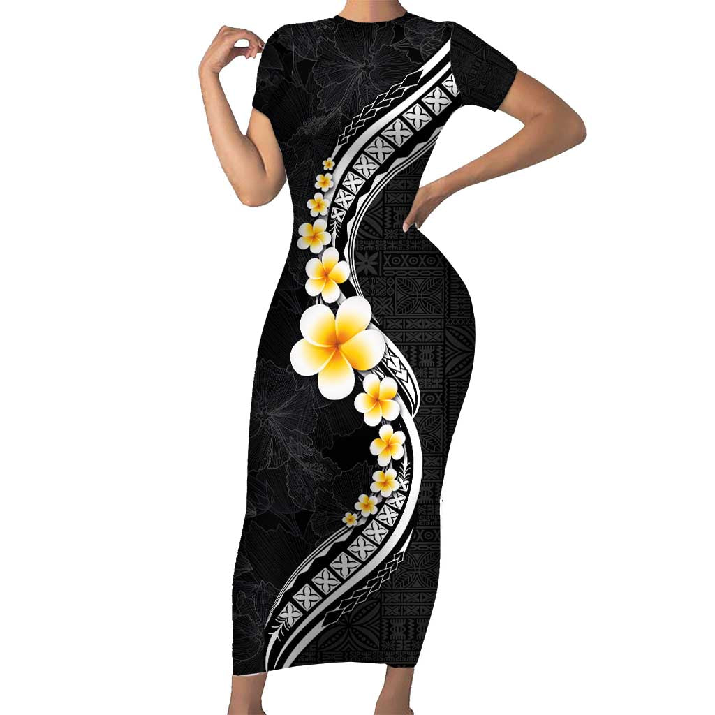Pacific Hibiscus and Plumeria with Tapa Pattern Short Sleeve Bodycon Dress Black Color LT03 Long Dress Black - Polynesian Pride
