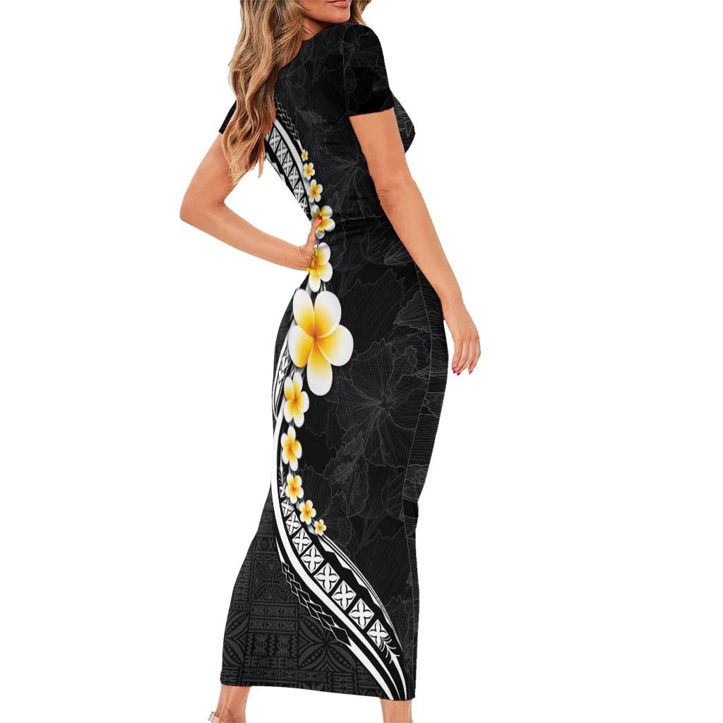Pacific Hibiscus and Plumeria with Tapa Pattern Short Sleeve Bodycon Dress Black Color LT03 - Polynesian Pride
