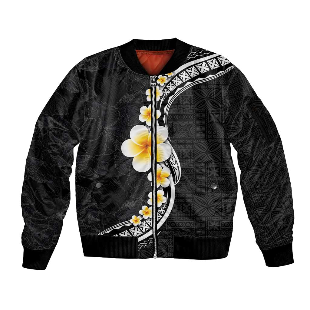 Pacific Hibiscus and Plumeria with Tapa Pattern Sleeve Zip Bomber Jacket Black Color LT03 Unisex Black - Polynesian Pride