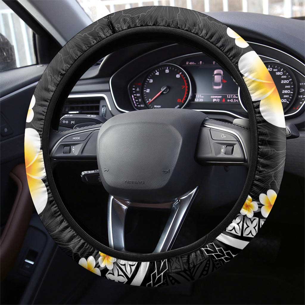Pacific Hibiscus and Plumeria with Tapa Pattern Steering Wheel Cover Black Color LT03 - Polynesian Pride