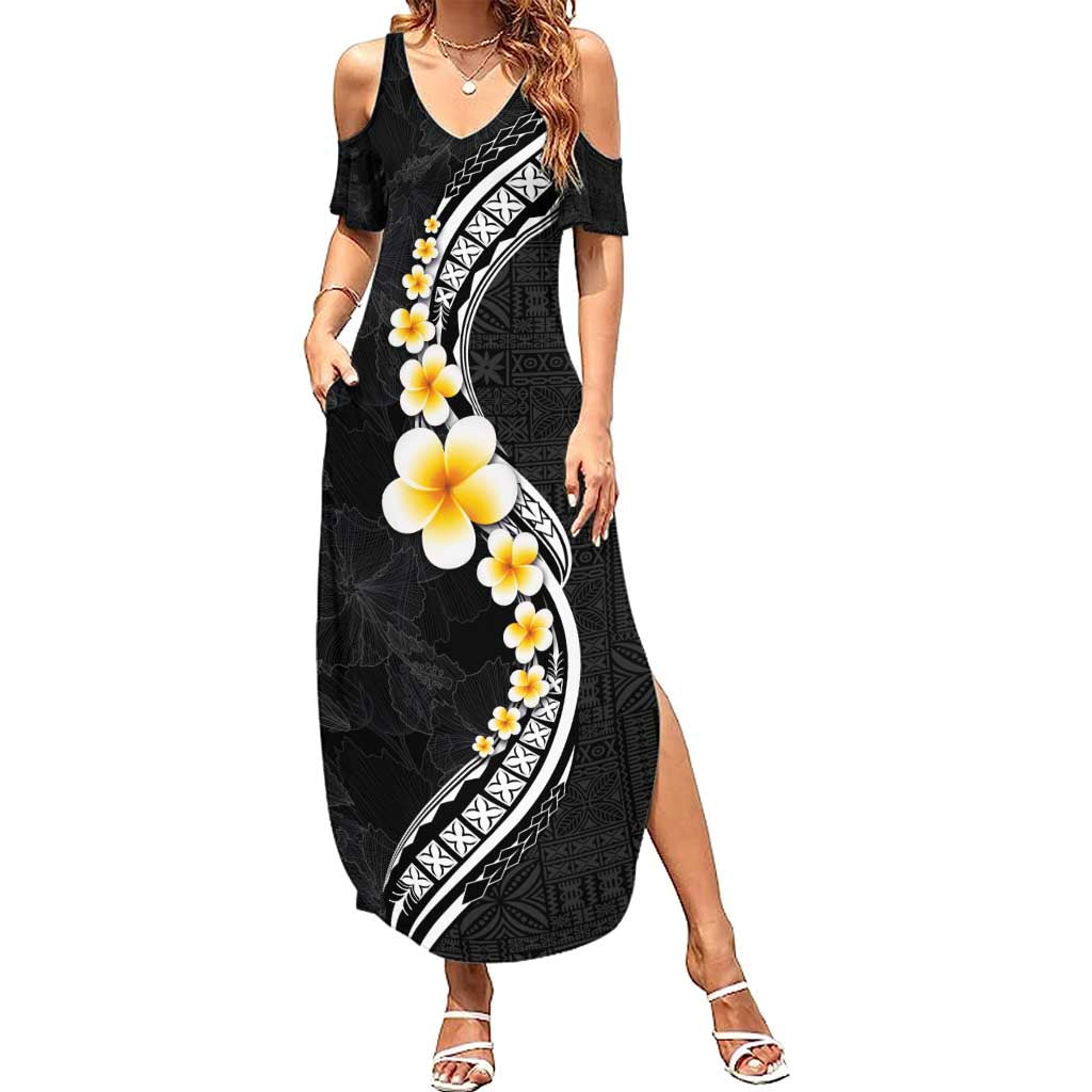 Pacific Hibiscus and Plumeria with Tapa Pattern Summer Maxi Dress Black Color LT03 Women Black - Polynesian Pride