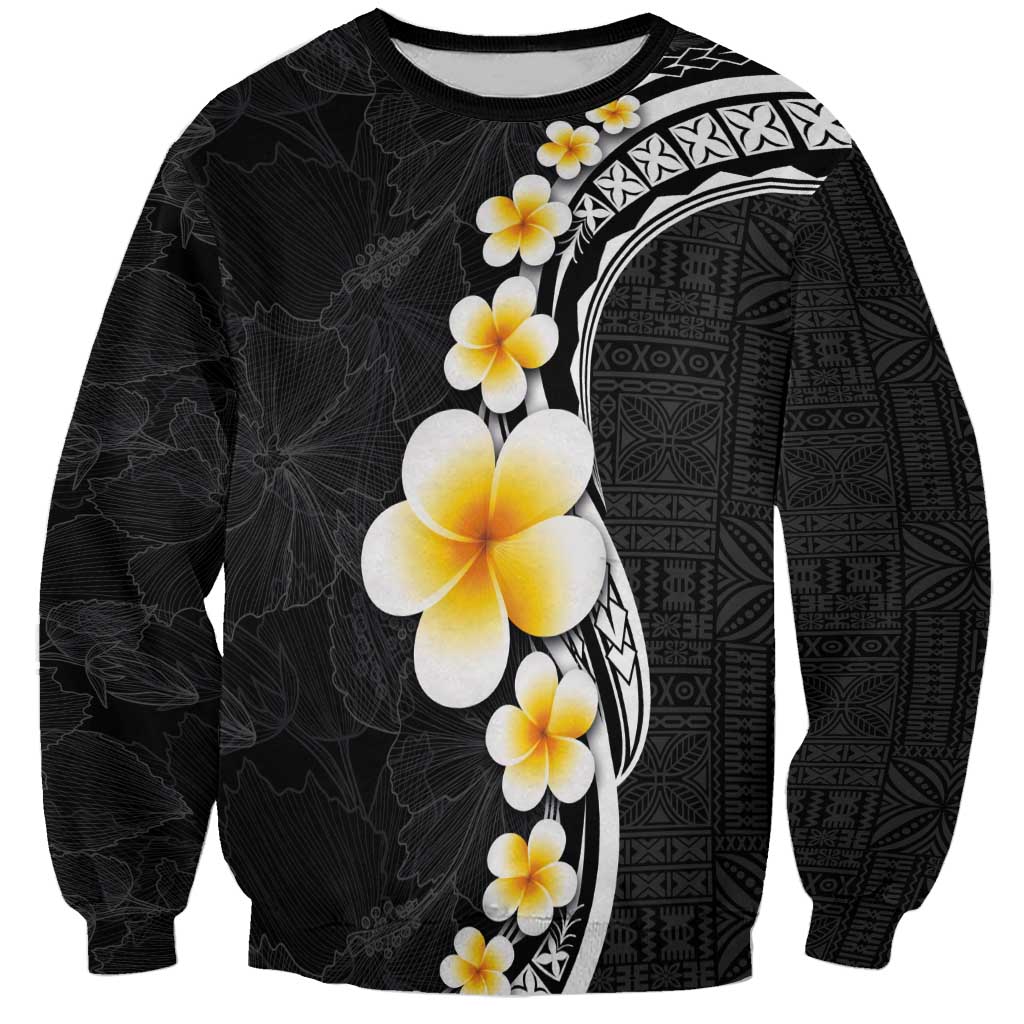 Pacific Hibiscus and Plumeria with Tapa Pattern Sweatshirt Black Color