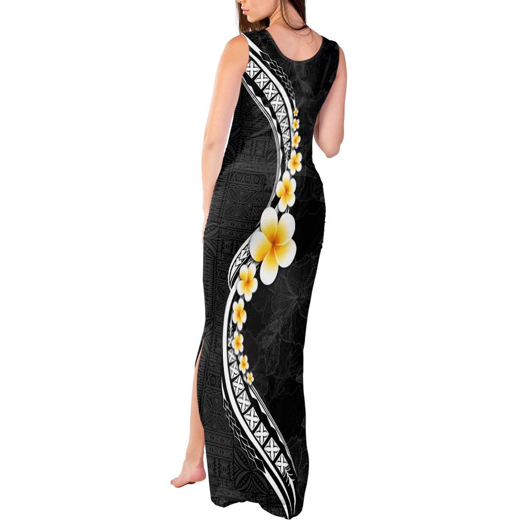 Pacific Hibiscus and Plumeria with Tapa Pattern Tank Maxi Dress Black Color