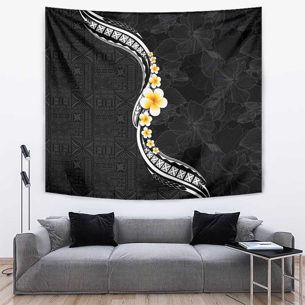 Pacific Hibiscus and Plumeria with Tapa Pattern Tapestry Black Color LT03 Black - Polynesian Pride