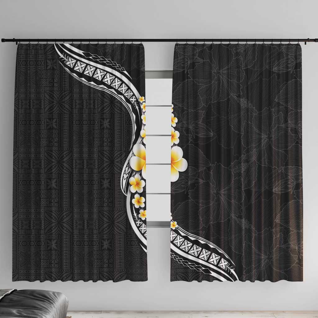 Pacific Hibiscus and Plumeria with Tapa Pattern Window Curtain Black Color LT03 With Hooks Black - Polynesian Pride