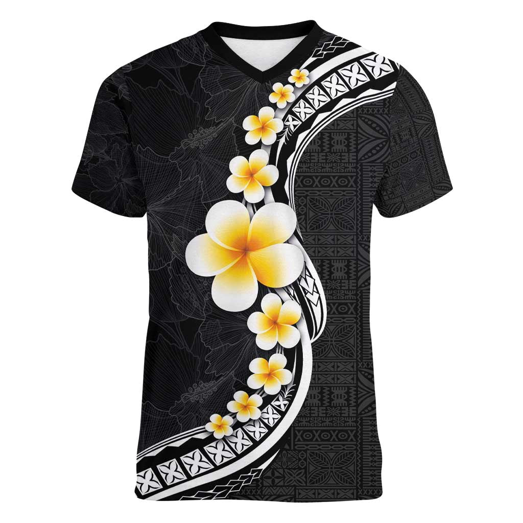 Pacific Hibiscus and Plumeria with Tapa Pattern Women V-Neck T-Shirt Black Color LT03 Female Black - Polynesian Pride