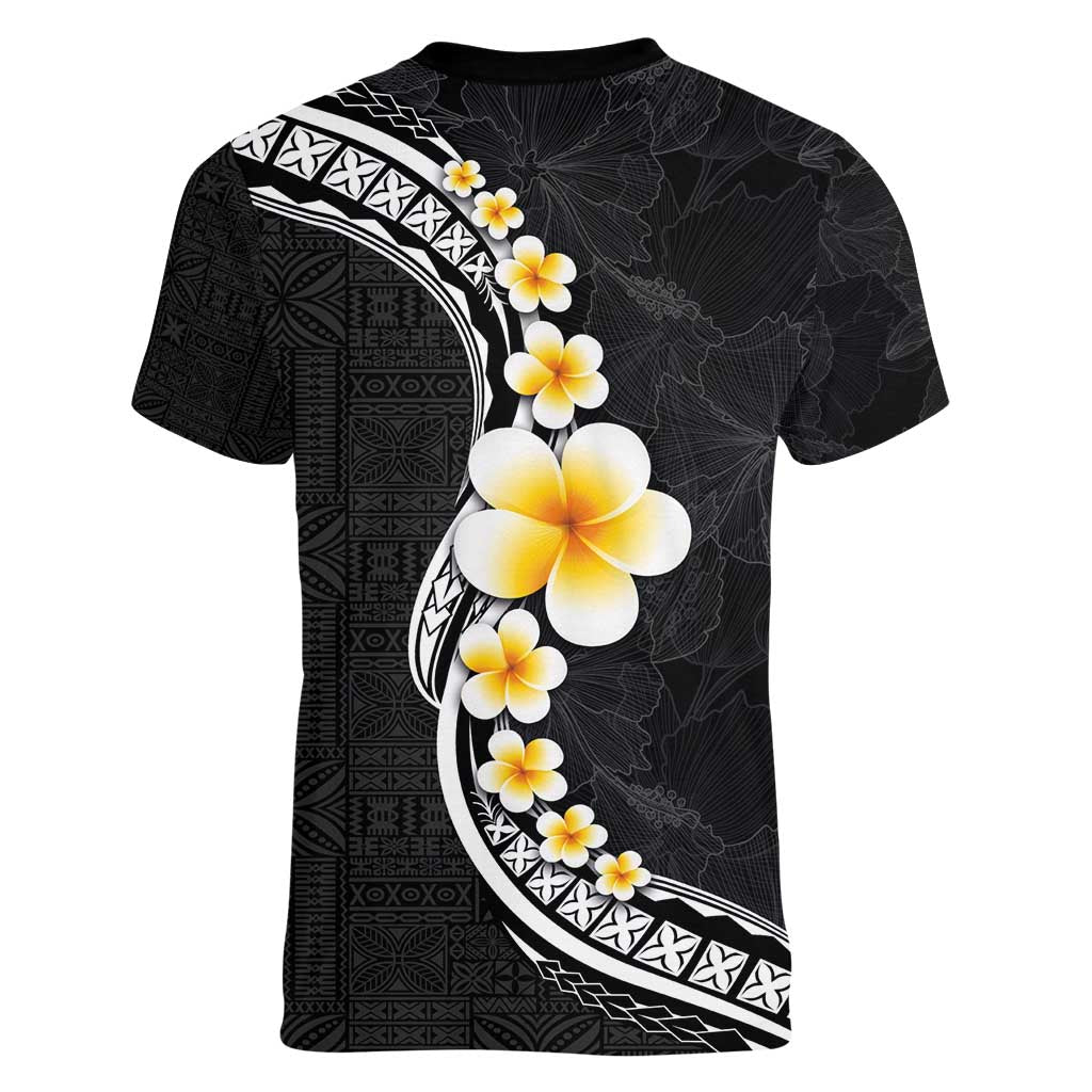 Pacific Hibiscus and Plumeria with Tapa Pattern Women V-Neck T-Shirt Black Color