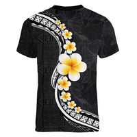 Pacific Hibiscus and Plumeria with Tapa Pattern Women V-Neck T-Shirt Black Color