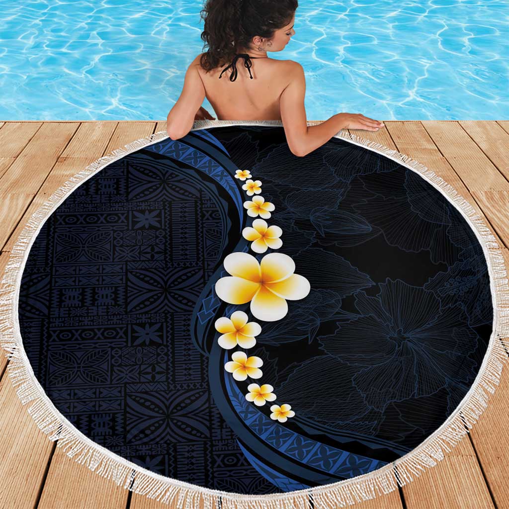 Pacific Hibiscus and Plumeria with Tapa Pattern Beach Blanket Dark Blue Color