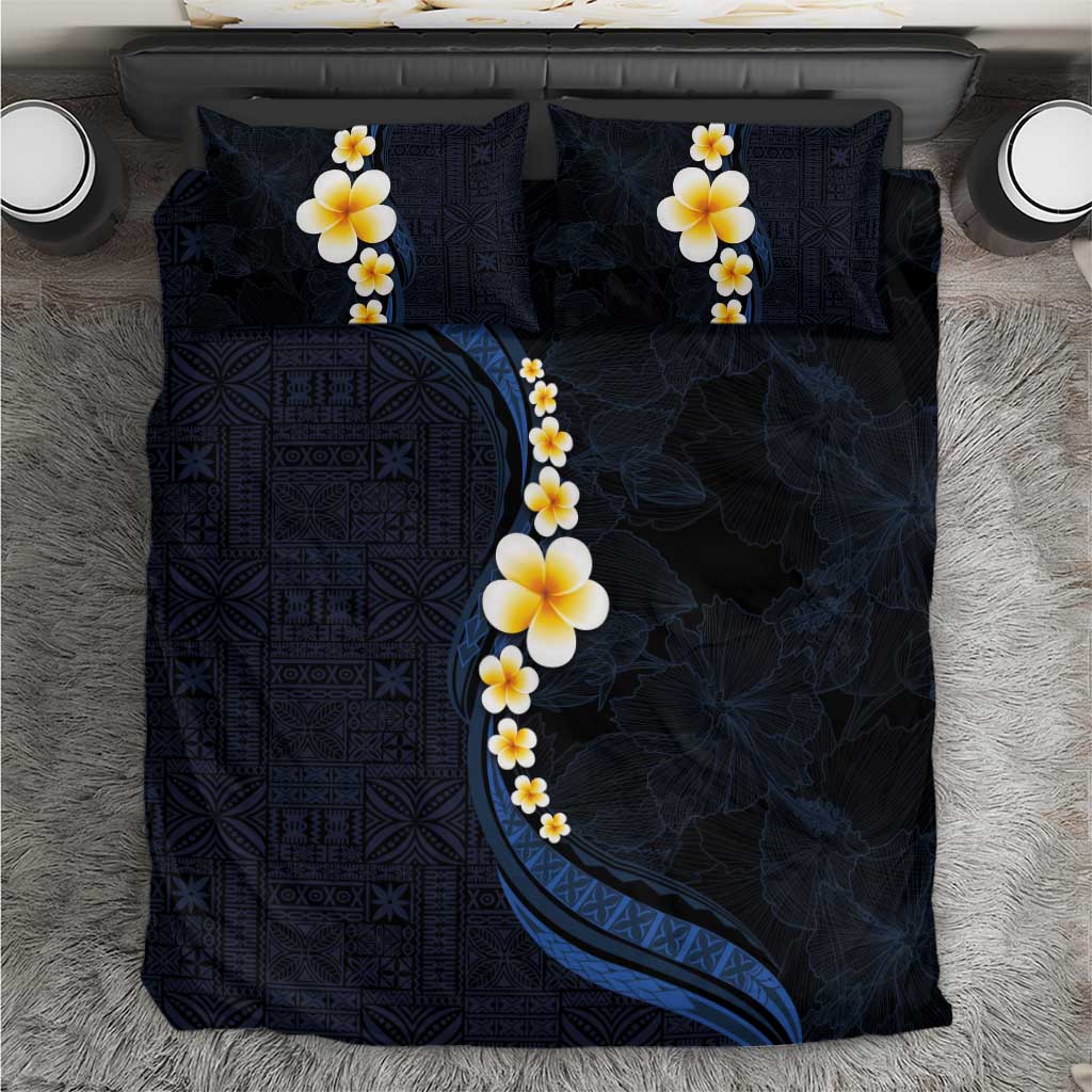 Pacific Hibiscus and Plumeria with Tapa Pattern Bedding Set Dark Blue Color LT03 Blue - Polynesian Pride