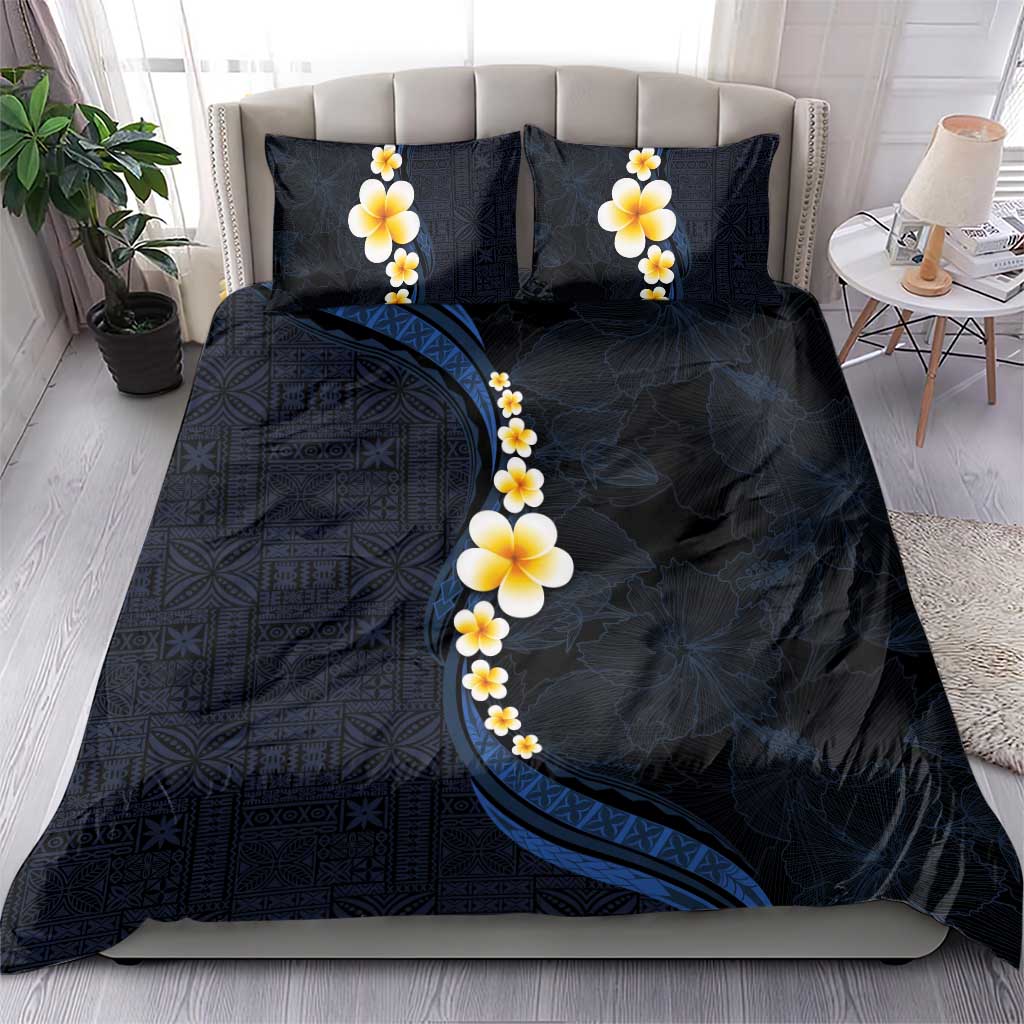 Pacific Hibiscus and Plumeria with Tapa Pattern Bedding Set Dark Blue Color LT03 - Polynesian Pride