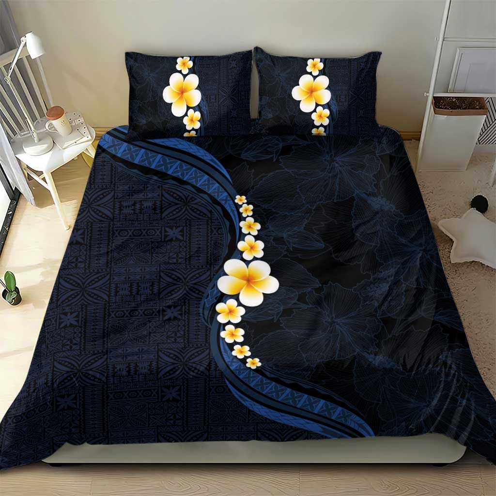 Pacific Hibiscus and Plumeria with Tapa Pattern Bedding Set Dark Blue Color LT03 - Polynesian Pride