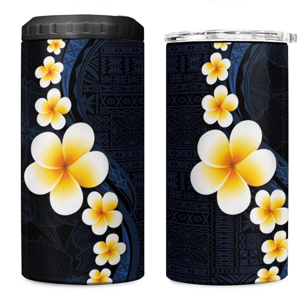 Pacific Hibiscus and Plumeria with Tapa Pattern 4 in 1 Can Cooler Tumbler Dark Blue Color LT03 One Size: 16 oz Blue - Polynesian Pride