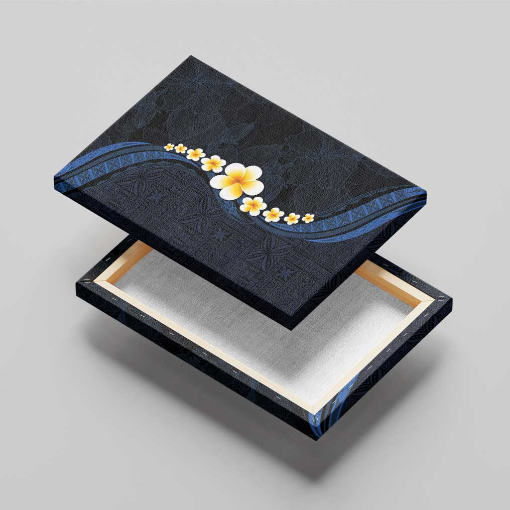 Pacific Hibiscus and Plumeria with Tapa Pattern Canvas Wall Art Dark Blue Color
