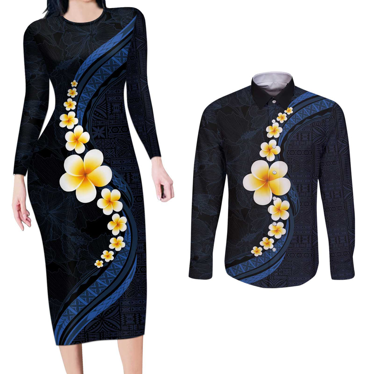 Pacific Hibiscus and Plumeria with Tapa Pattern Couples Matching Long Sleeve Bodycon Dress and Long Sleeve Button Shirt Dark Blue Color LT03 Blue - Polynesian Pride