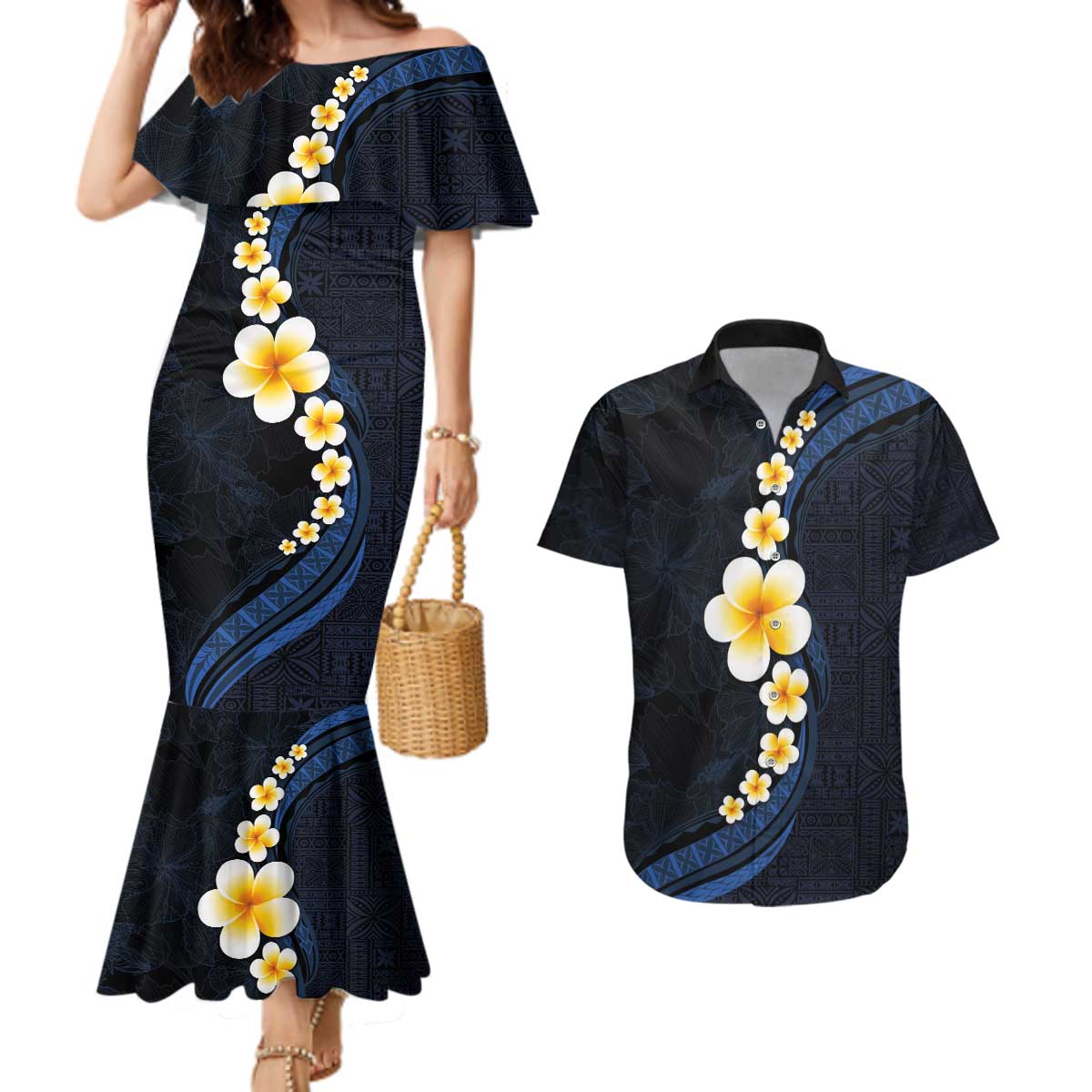 Pacific Hibiscus and Plumeria with Tapa Pattern Couples Matching Mermaid Dress and Hawaiian Shirt Dark Blue Color LT03 Blue - Polynesian Pride