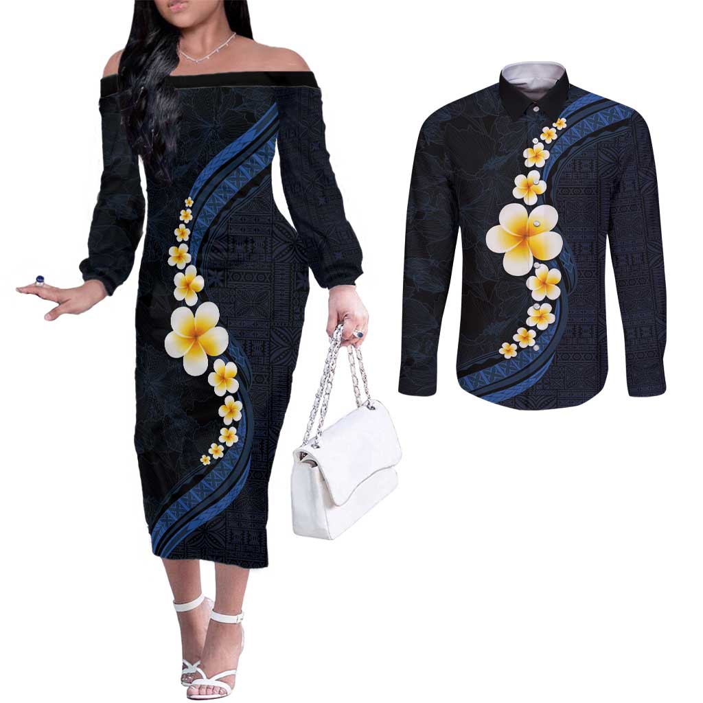 Pacific Hibiscus and Plumeria with Tapa Pattern Couples Matching Off The Shoulder Long Sleeve Dress and Long Sleeve Button Shirt Dark Blue Color