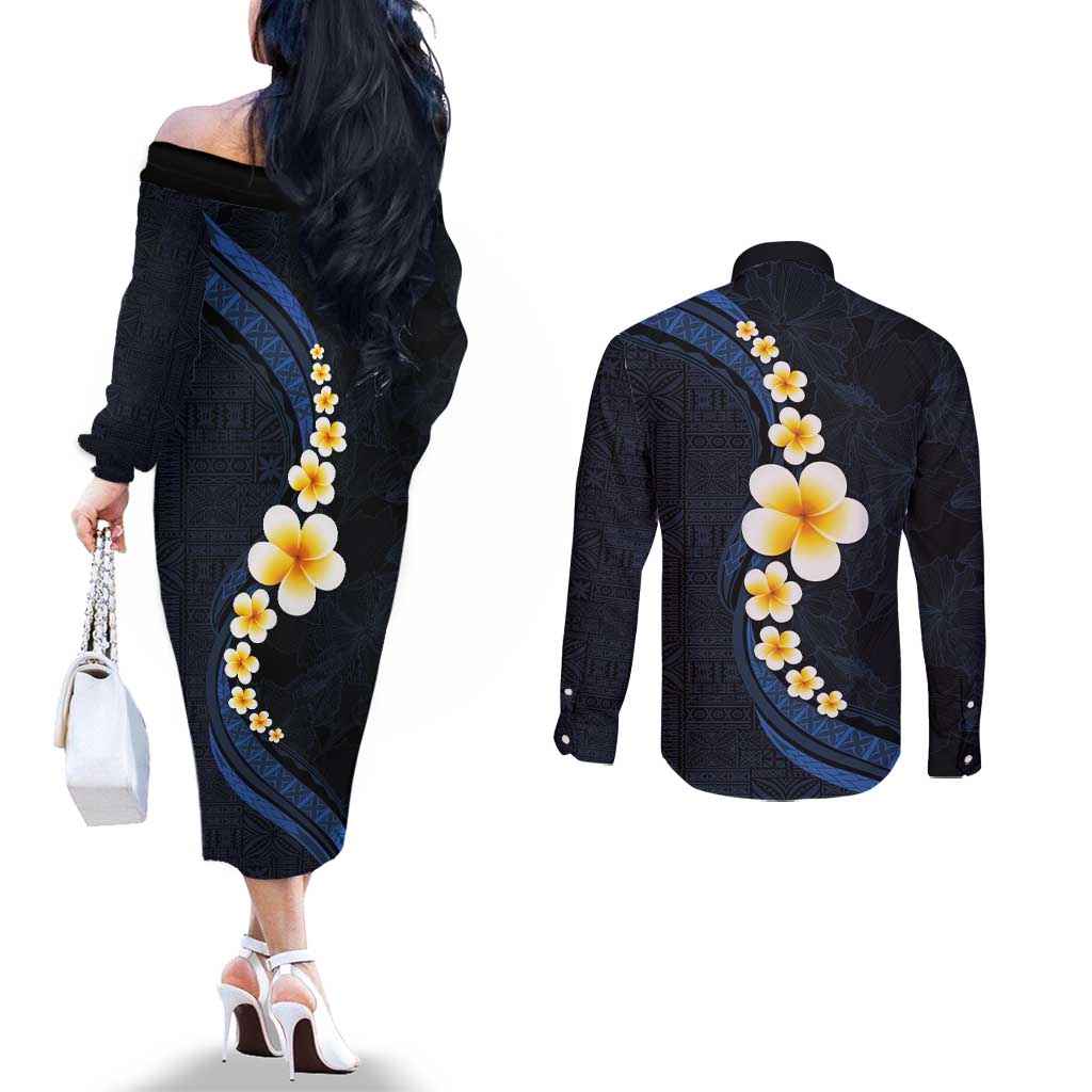 Pacific Hibiscus and Plumeria with Tapa Pattern Couples Matching Off The Shoulder Long Sleeve Dress and Long Sleeve Button Shirt Dark Blue Color