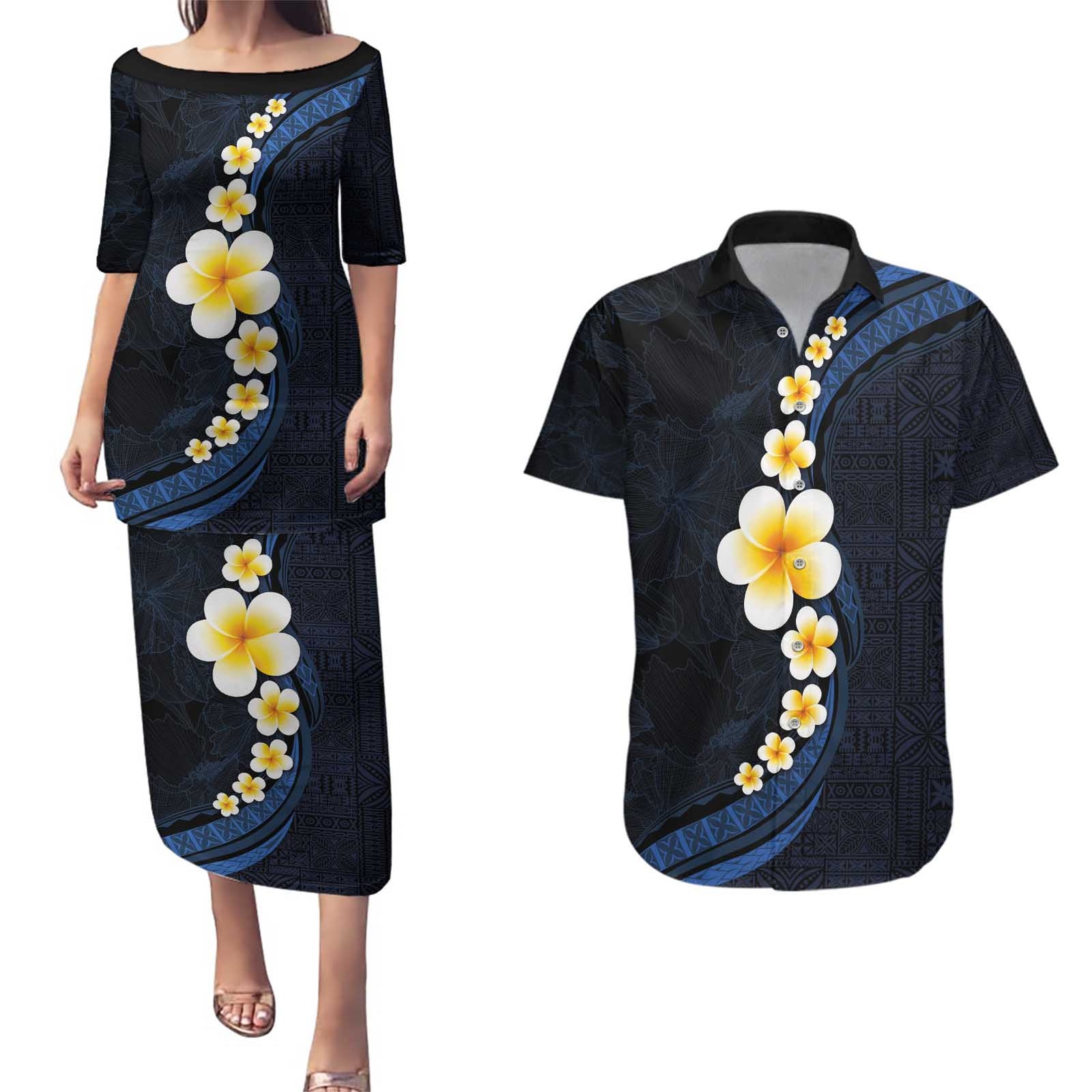 Pacific Hibiscus and Plumeria with Tapa Pattern Couples Matching Puletasi and Hawaiian Shirt Dark Blue Color LT03 Blue - Polynesian Pride