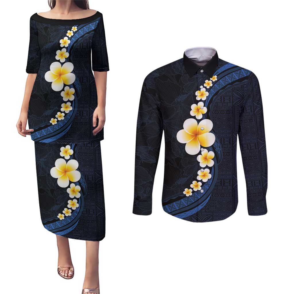 Pacific Hibiscus and Plumeria with Tapa Pattern Couples Matching Puletasi and Long Sleeve Button Shirt Dark Blue Color LT03 Blue - Polynesian Pride