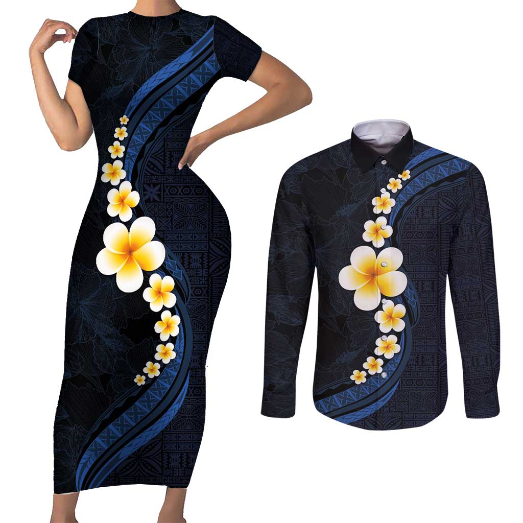 Pacific Hibiscus and Plumeria with Tapa Pattern Couples Matching Short Sleeve Bodycon Dress and Long Sleeve Button Shirt Dark Blue Color