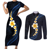 Pacific Hibiscus and Plumeria with Tapa Pattern Couples Matching Short Sleeve Bodycon Dress and Long Sleeve Button Shirt Dark Blue Color