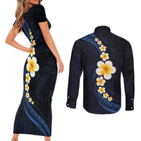 Pacific Hibiscus and Plumeria with Tapa Pattern Couples Matching Short Sleeve Bodycon Dress and Long Sleeve Button Shirt Dark Blue Color
