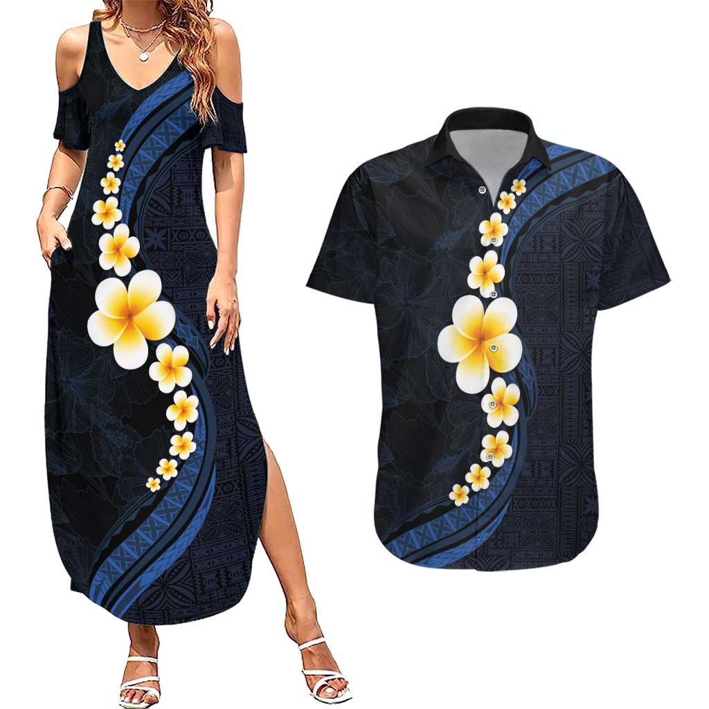 Pacific Hibiscus and Plumeria with Tapa Pattern Couples Matching Summer Maxi Dress and Hawaiian Shirt Dark Blue Color LT03 Blue - Polynesian Pride