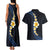 Pacific Hibiscus and Plumeria with Tapa Pattern Couples Matching Tank Maxi Dress and Hawaiian Shirt Dark Blue Color