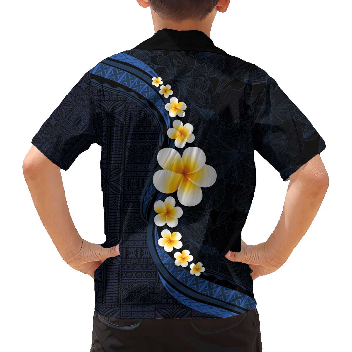 Pacific Hibiscus and Plumeria with Tapa Pattern Family Matching Off The Shoulder Long Sleeve Dress and Hawaiian Shirt Dark Blue Color LT03 - Polynesian Pride
