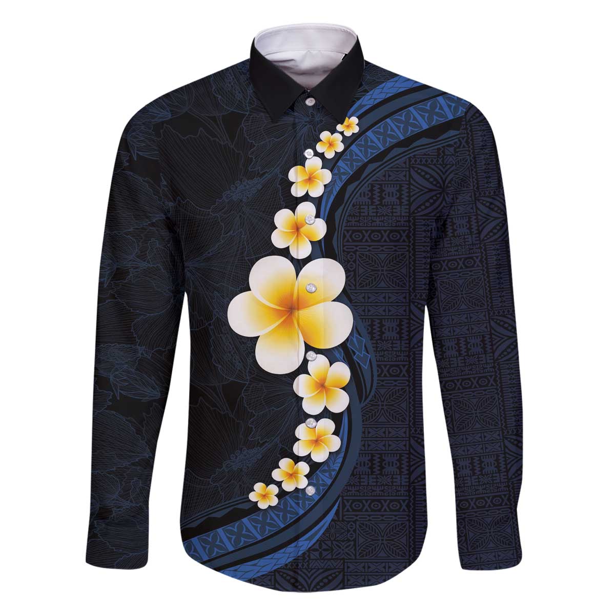 Pacific Hibiscus and Plumeria with Tapa Pattern Family Matching Off The Shoulder Long Sleeve Dress and Hawaiian Shirt Dark Blue Color LT03 Dad's Shirt - Long Sleeve Blue - Polynesian Pride