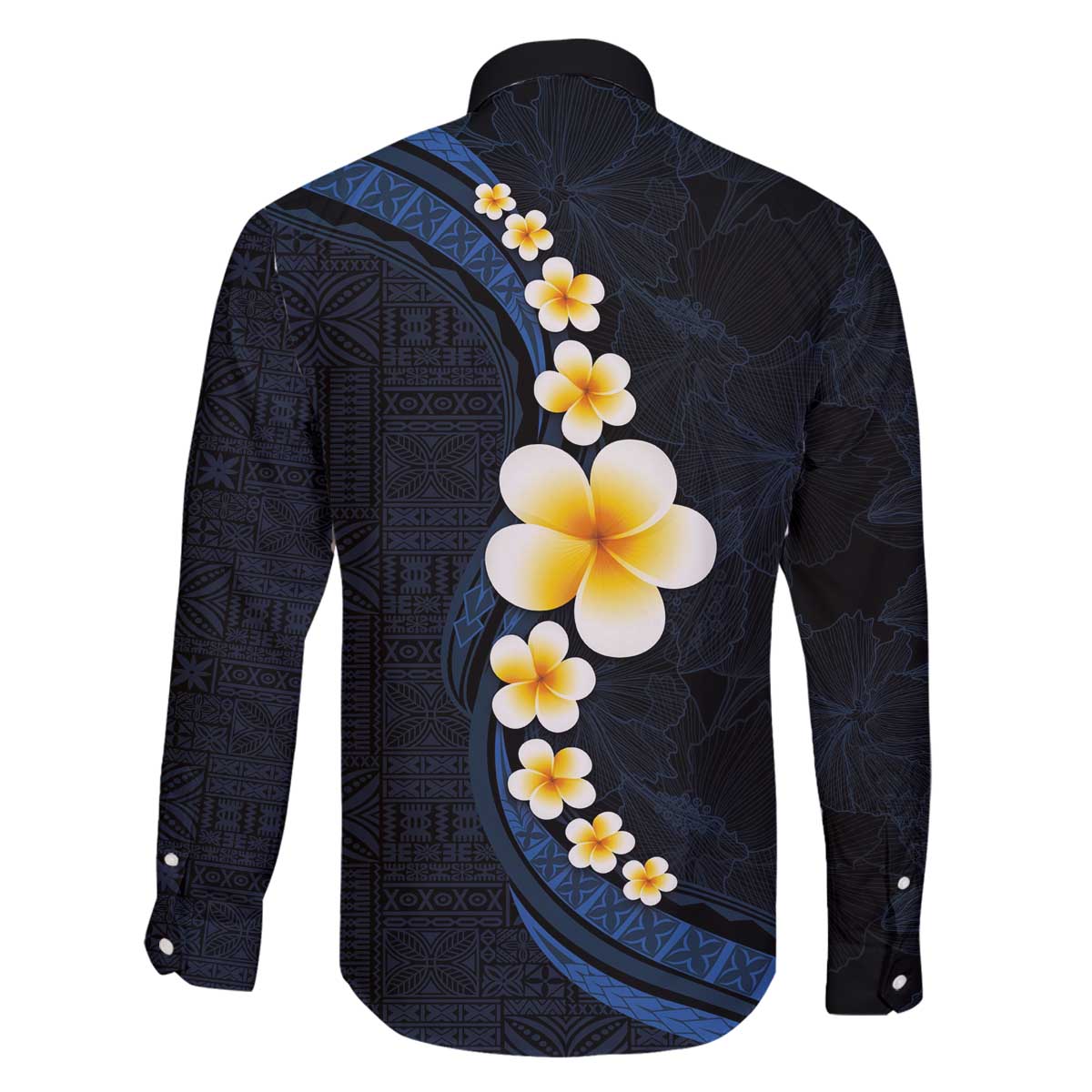 Pacific Hibiscus and Plumeria with Tapa Pattern Family Matching Off The Shoulder Long Sleeve Dress and Hawaiian Shirt Dark Blue Color LT03 - Polynesian Pride
