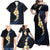 Pacific Hibiscus and Plumeria with Tapa Pattern Family Matching Off Shoulder Maxi Dress and Hawaiian Shirt Dark Blue Color