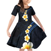 Pacific Hibiscus and Plumeria with Tapa Pattern Family Matching Off Shoulder Short Dress and Hawaiian Shirt Dark Blue Color