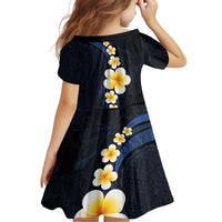 Pacific Hibiscus and Plumeria with Tapa Pattern Family Matching Off Shoulder Short Dress and Hawaiian Shirt Dark Blue Color